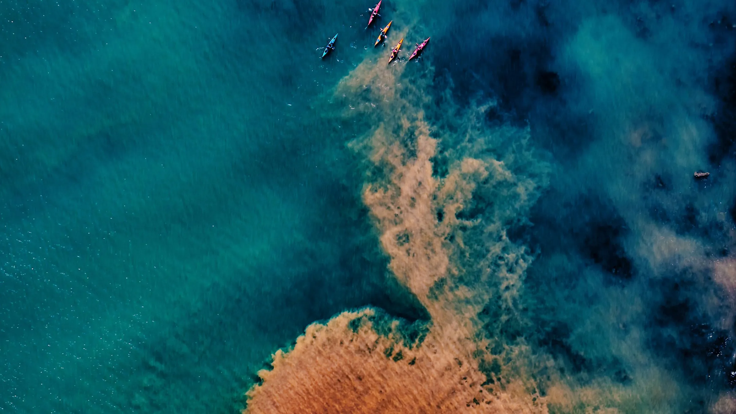 Kayakers paddling through turquoise coastal waters